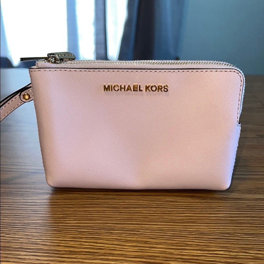 Michael Kors Iridescent Pink Wristlet Clutch with Metallic Sheen